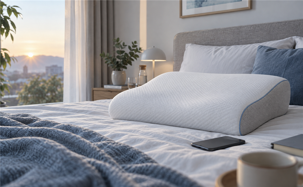 Smartes Kissen in einem ruhigen Schlafzimmer als Symbol für die Einordnung von Schlafdaten