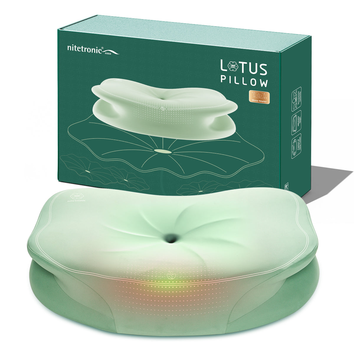 Nitetronic H02 Lotus Nackenstützkissen in grün mit ergonomischem Design und Verpackung.