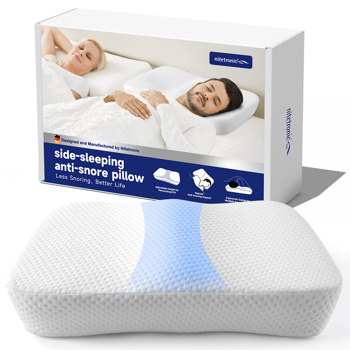 Nitetronic Z10 anti-snore pillow for side sleepers, designed for comfort and reduced snoring, featuring breathable materials.