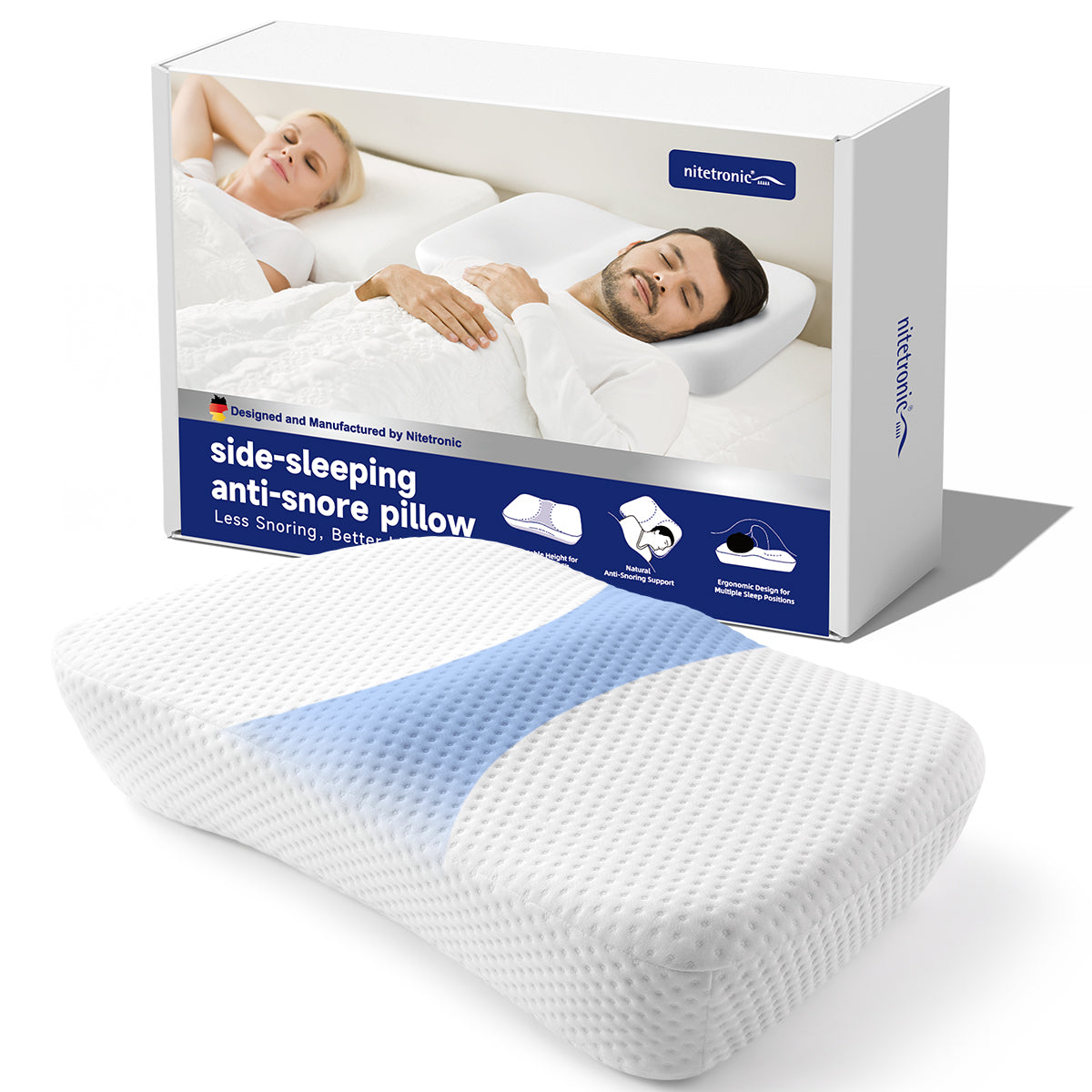 Nitetronic Z10 side-sleeping anti-snore pillow with ergonomic design for all sleep positions.