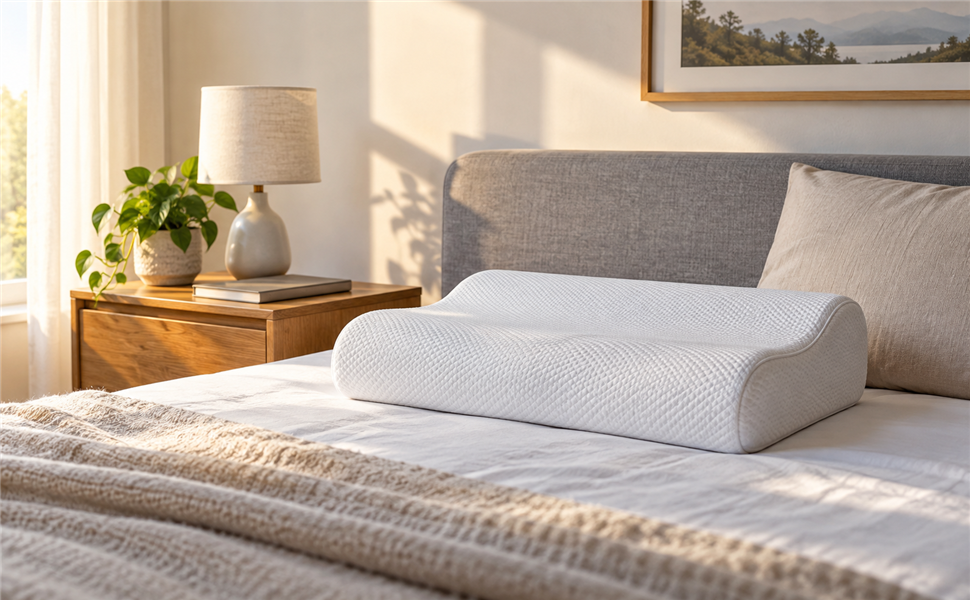 Ergonomisches Kissen in einem ruhigen Schlafzimmer als Symbol für bewusste Produktauswahl
